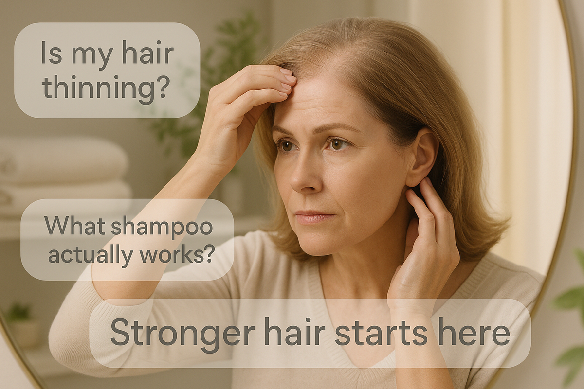 A middle-aged woman examines her thinning hair in the mirror, questioning which shampoo can truly help—this image is part of Keyoma’s visual content on addressing hair concerns naturally.