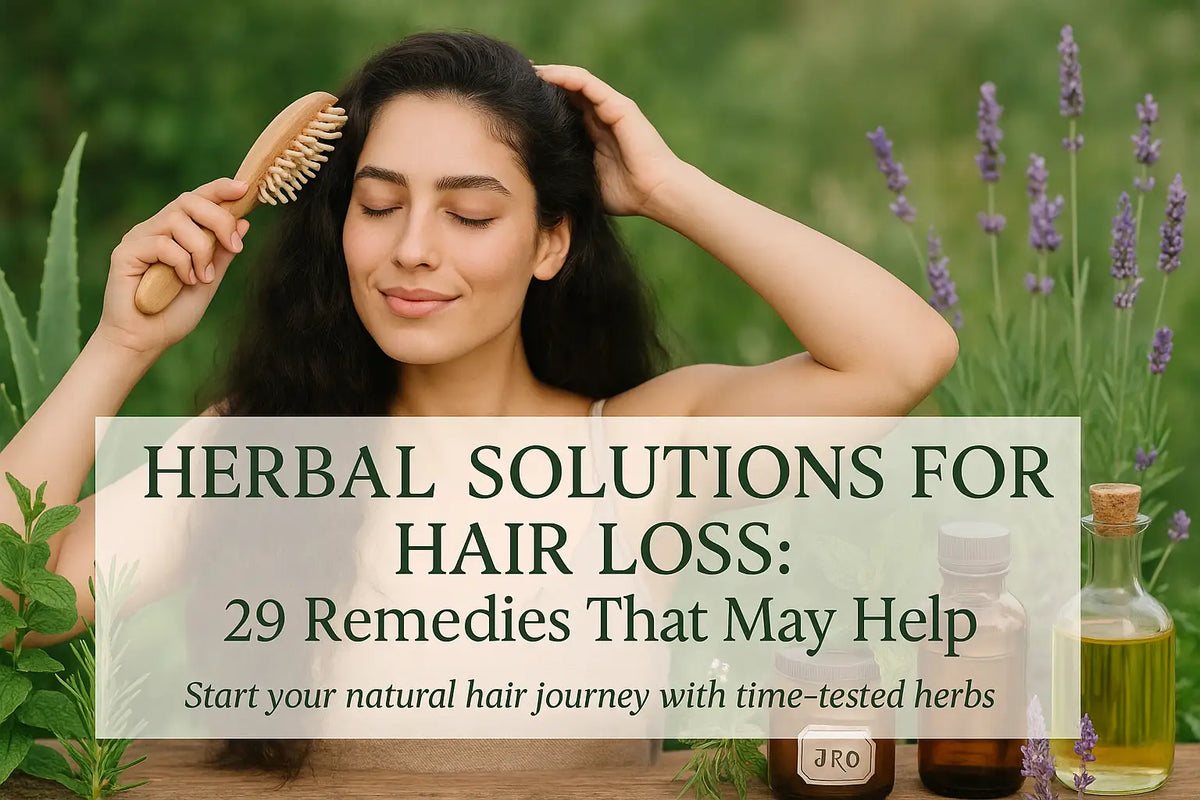 A woman gently brushing her hair in a garden of herbs, representing natural remedies for hair loss as supported by Keyoma’s holistic approach.