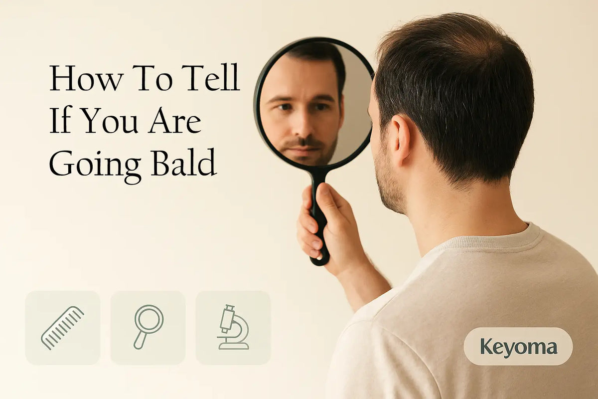 A man examines his crown in a handheld mirror beside the words “How to tell if you are going bald,” illustrating Keyoma guidance on self-checking for early hair loss.