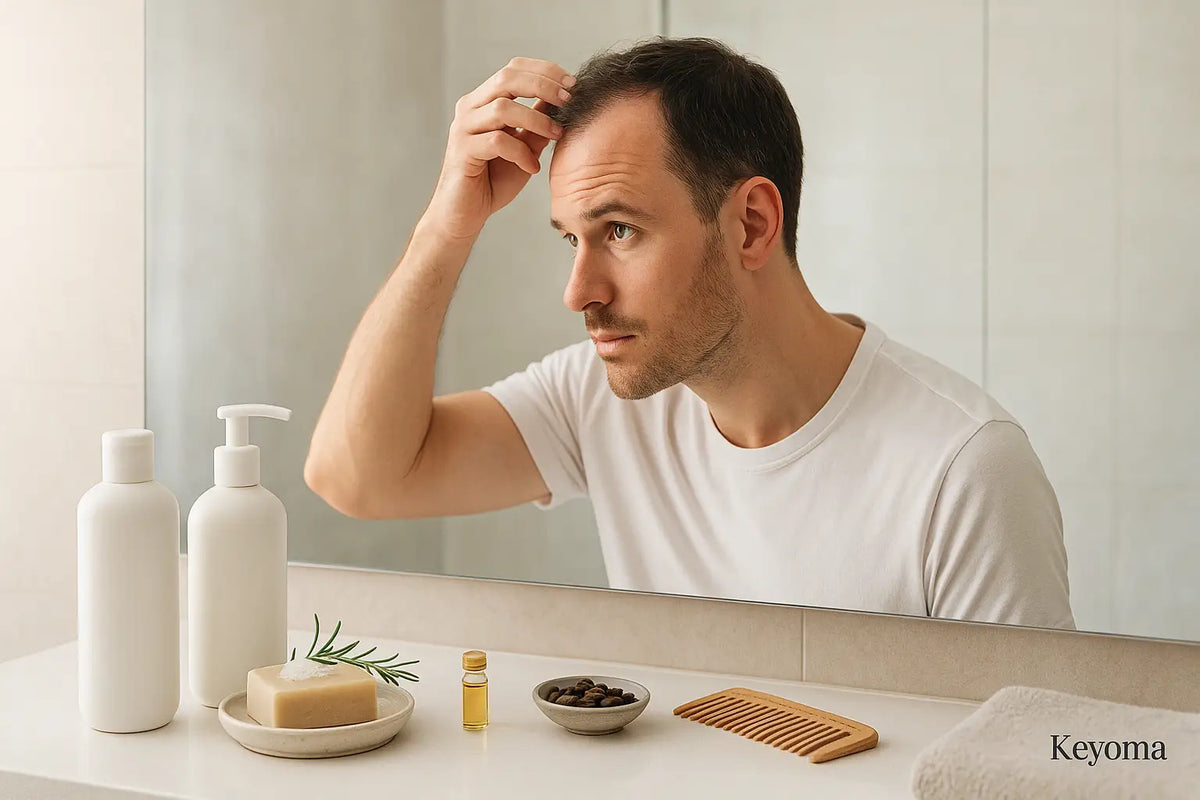 A man examines a thinning hairline in a bathroom mirror beside gentle shampoo bottles, a rosemary shampoo bar, treatment oil, and a wooden comb, reflecting Keyoma’s men’s scalp-care routine.