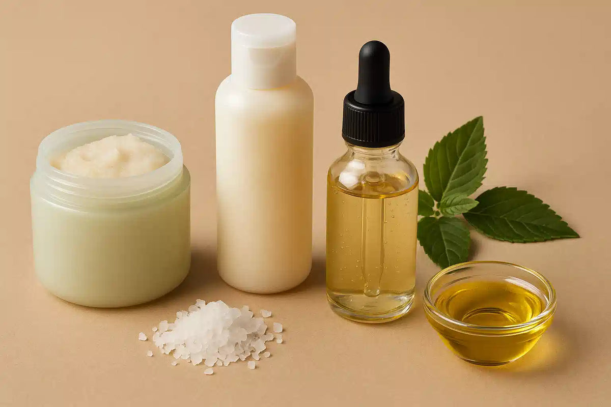 Recommended scalp care essentials featuring scrubs and serums—pair them with Keyoma’s pure nourishing oil for best results.