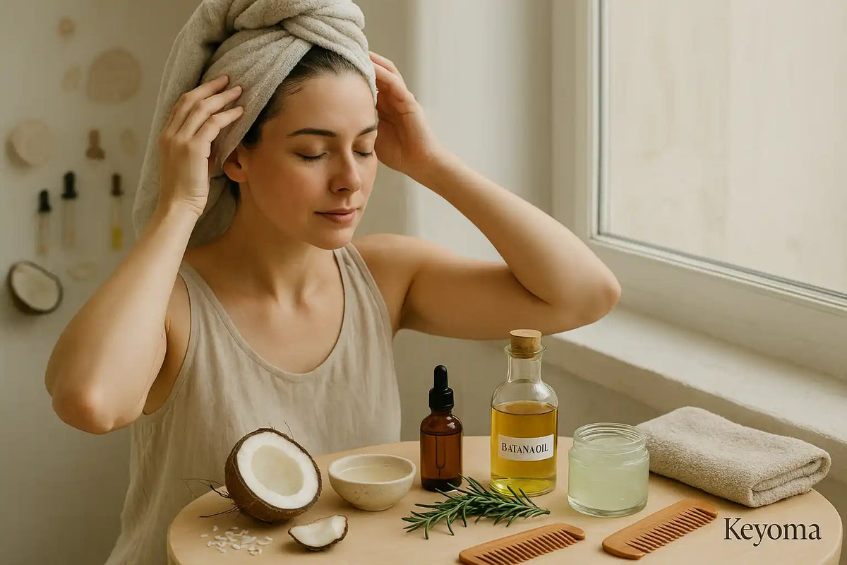 A woman sits by the window with a towel wrapped around her head, preparing for a nourishing hair routine using Keyoma’s Batana Oil and other natural ingredients like coconut and rosemary.