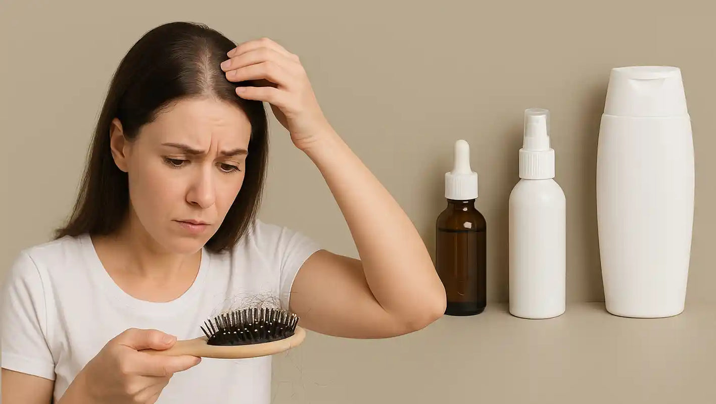 Worried woman inspecting hair loss on her brush, surrounded by hair treatment products—a common scenario addressed by Keyoma’s hair care solutions