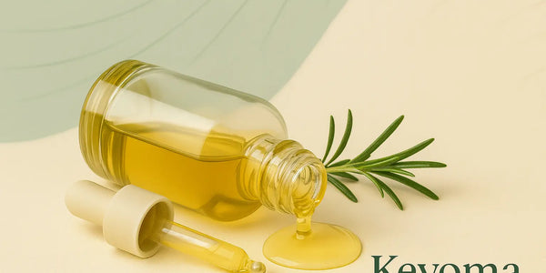 Glass bottle of golden Keyoma hair oil with dropper spilling oil beside a rosemary sprig
