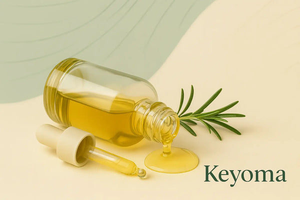 Glass bottle of golden Keyoma hair oil with dropper spilling oil beside a rosemary sprig