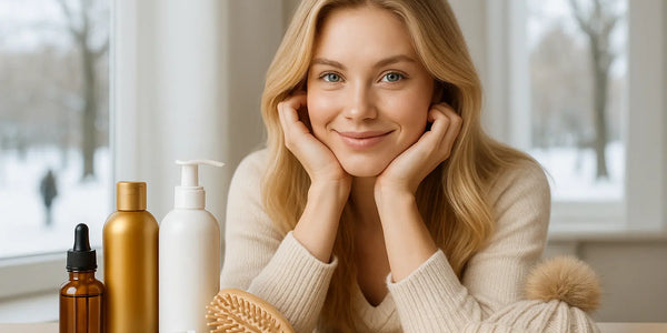 Keyoma image of a blonde woman with winter hair care products and tools laid in front