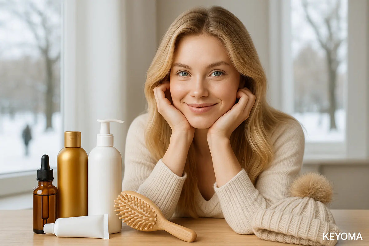 Keyoma image of a blonde woman with winter hair care products and tools laid in front