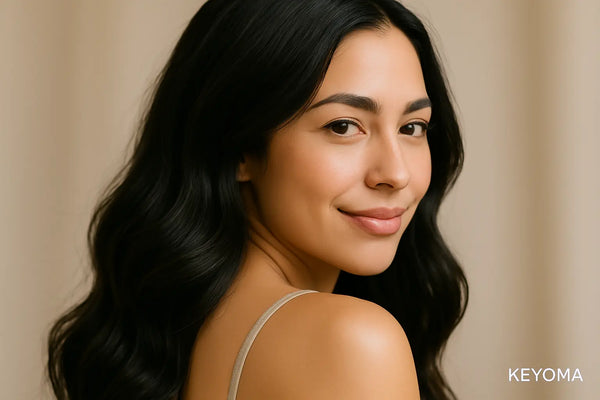 Keyoma image of a young woman with healthy, dark hair smiling at the camera