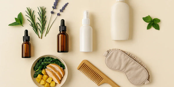 Keyoma image of natural remedies for hair thinning in women, including botanical and essential oils, comb, healthy meal, sleep mask, gentle shampoo, and minoxidil