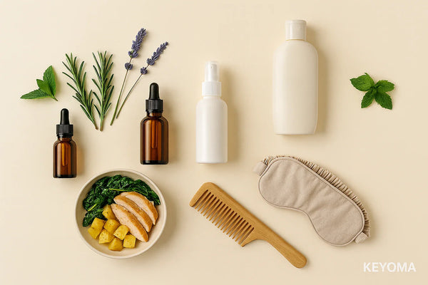Keyoma image of natural remedies for hair thinning in women, including botanical and essential oils, comb, healthy meal, sleep mask, gentle shampoo, and minoxidil
