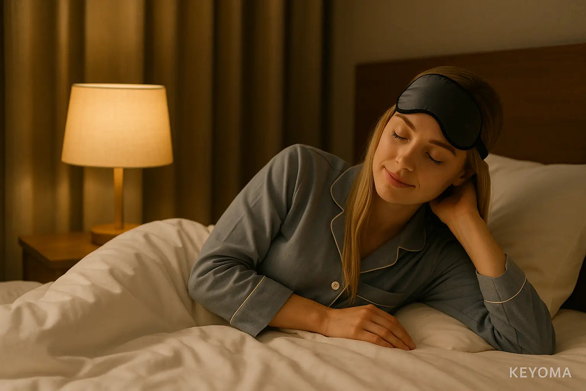 Keyoma image of a blonde woman about to sleep, lying on the bed 