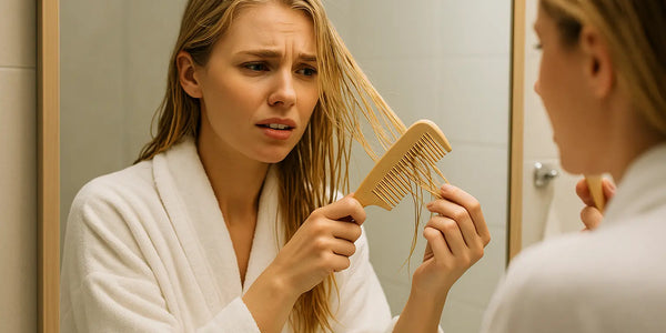 Keyoma image of a blonde woman struggling to comb her wet hair
