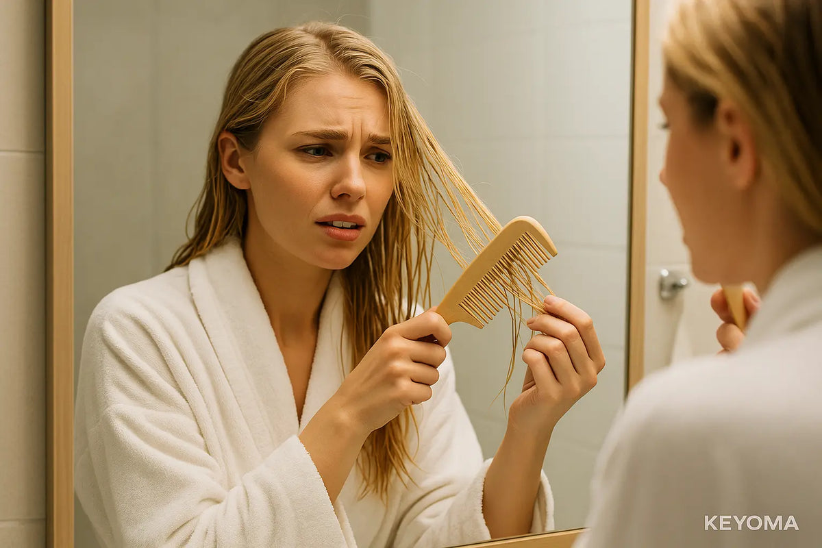 Keyoma image of a blonde woman struggling to comb her wet hair