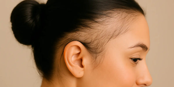 Keyoma illustration of a woman's side profile showing severe case of traction alopecia along the temple 