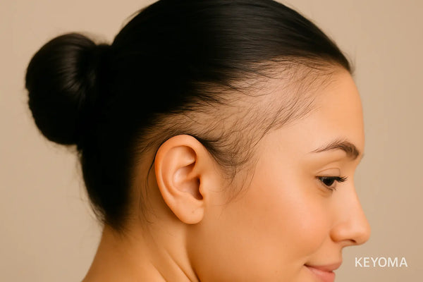 Keyoma illustration of a woman's side profile showing severe case of traction alopecia along the temple 
