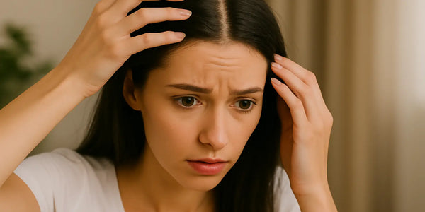 Keyoma image of a young woman touching her dark hair and looking worried about her sensitive scalp