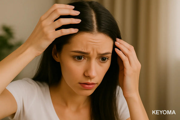 Keyoma image of a young woman touching her dark hair and looking worried about her sensitive scalp
