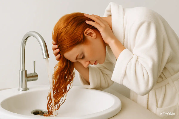 Keyoma image of a woman washing her hair using the no poo hair care method