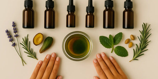 Keyoma illustration of a small bowl of DIY hair oil recipe surrounded by bottles of amber dropper bottles and raw ingredients