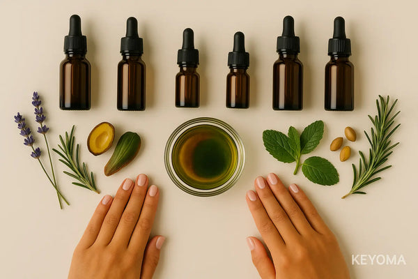 Keyoma illustration of a small bowl of DIY hair oil recipe surrounded by bottles of amber dropper bottles and raw ingredients