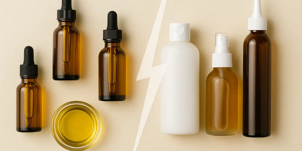 Keyoma image of a top lay of hair oils on the left and hair tonics on the right