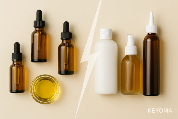 Keyoma image of a top lay of hair oils on the left and hair tonics on the right