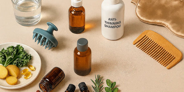 Keyoma illustration of holistic hair growth solutions laid on the table