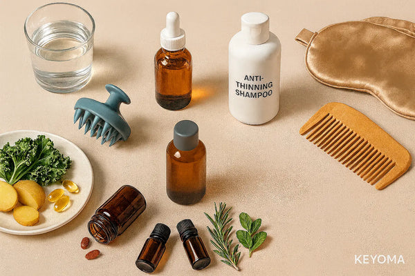 Keyoma illustration of holistic hair growth solutions laid on the table