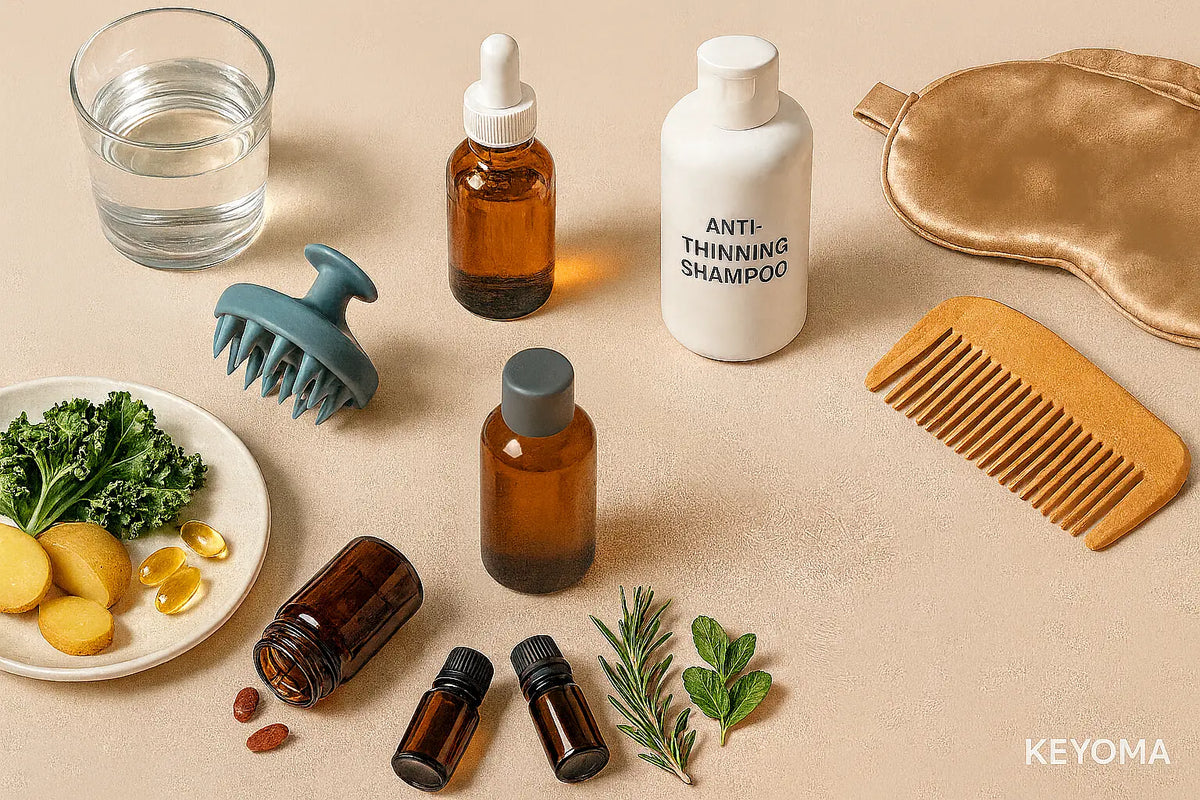 Keyoma illustration of holistic hair growth solutions laid on the table