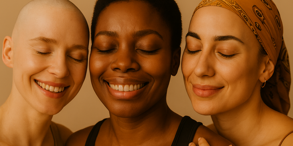 Keyoma image of three women smiling confidently, one with a bald head, one with a short hair, and one wearing a scarf over her head