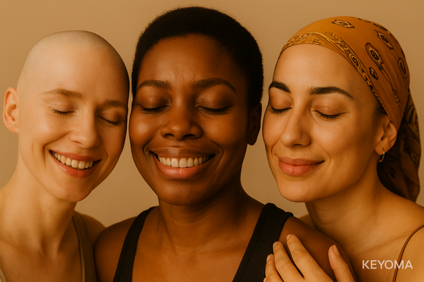 Keyoma image of three women smiling confidently, one with a bald head, one with a short hair, and one wearing a scarf over her head