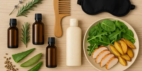 Keyoma image showing items that help regrow hair naturally, including hair nourishing oils, comb, shampoo, sleep mask, and a plate with greens, meat, and potatoes.