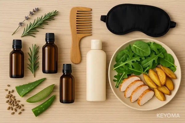 Keyoma image showing items that help regrow hair naturally, including hair nourishing oils, comb, shampoo, sleep mask, and a plate with greens, meat, and potatoes.