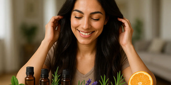 Image of a woman smiling with three bottles of essential oils for hair in front of her by Keyoma