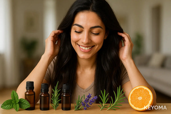 Image of a woman smiling with three bottles of essential oils for hair in front of her by Keyoma