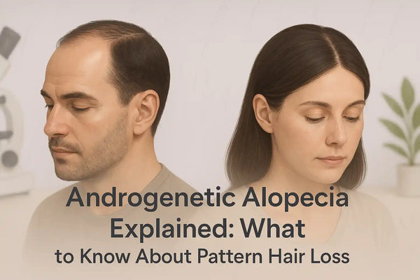 A Keyoma Health educational visual showing a man and woman with early signs of androgenetic alopecia, highlighting crown and part-line thinning.