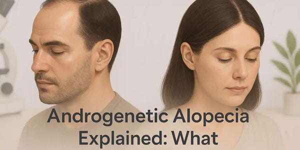 A Keyoma Health educational visual showing a man and woman with early signs of androgenetic alopecia, highlighting crown and part-line thinning.