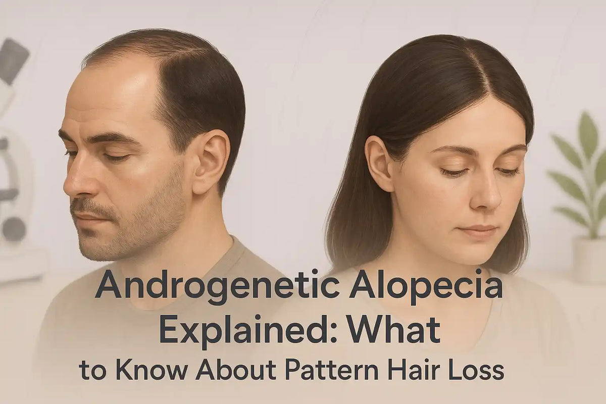 A Keyoma Health educational visual showing a man and woman with early signs of androgenetic alopecia, highlighting crown and part-line thinning.