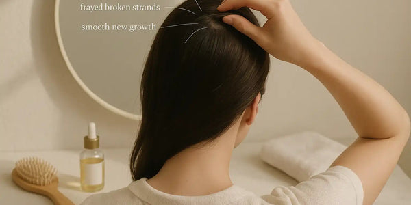 A woman gently examines her scalp under natural light, identifying fine baby hairs, frayed strands, and smooth new growth as highlighted by Keyoma’s natural hair care approach.