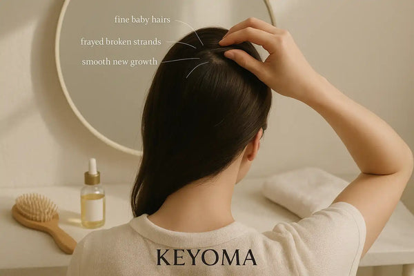 A woman gently examines her scalp under natural light, identifying fine baby hairs, frayed strands, and smooth new growth as highlighted by Keyoma’s natural hair care approach.