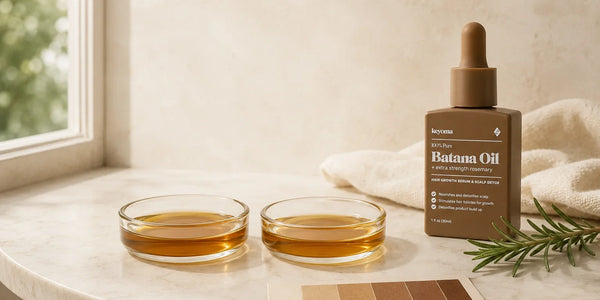 Keyoma Batana Oil beside two samples showing natural color variation between batches.