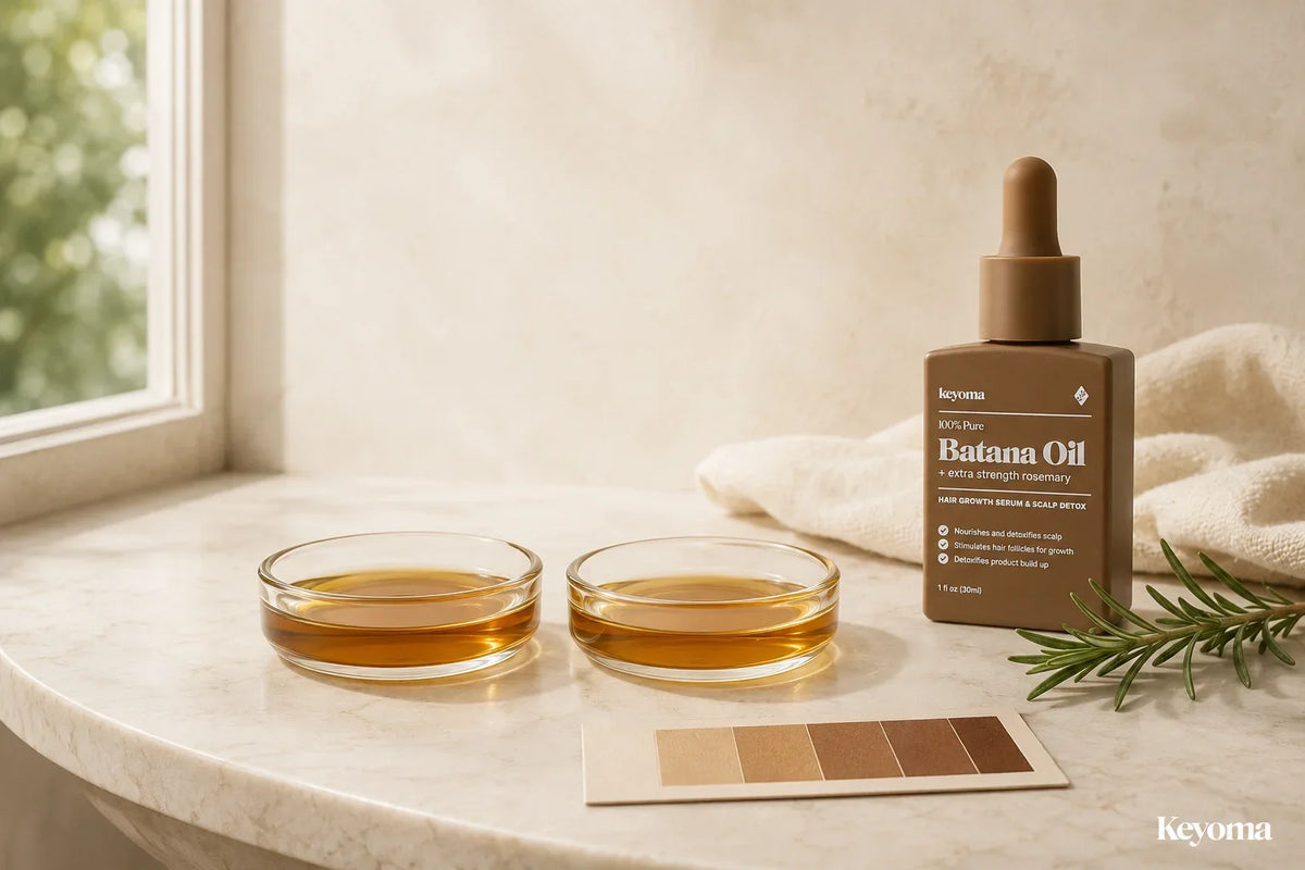 Keyoma Batana Oil beside two samples showing natural color variation between batches.