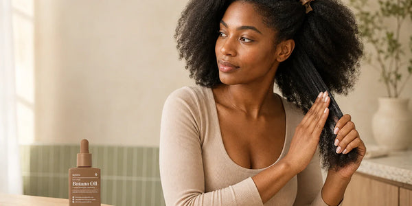 Woman applying Keyoma Batana Oil to the ends of her thick, coarse natural hair.