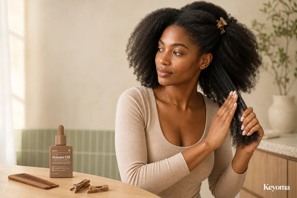 Woman applying Keyoma Batana Oil to the ends of her thick, coarse natural hair.