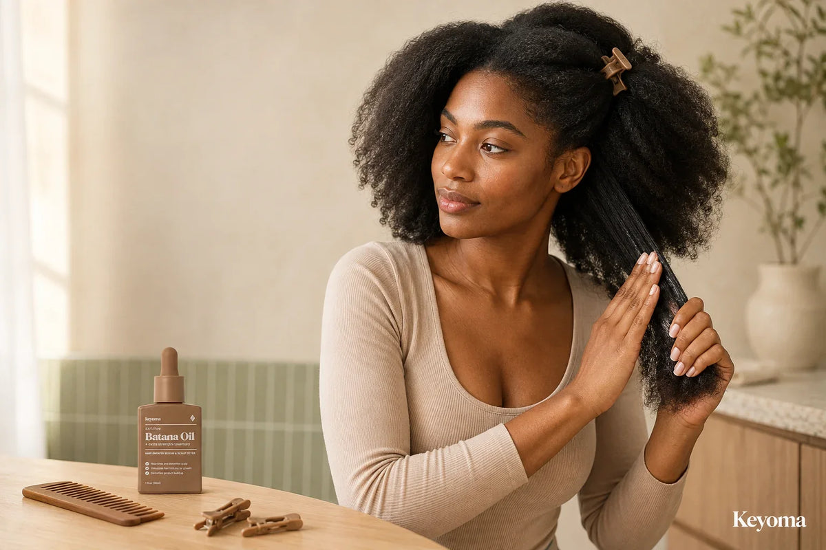 Woman applying Keyoma Batana Oil to the ends of her thick, coarse natural hair.