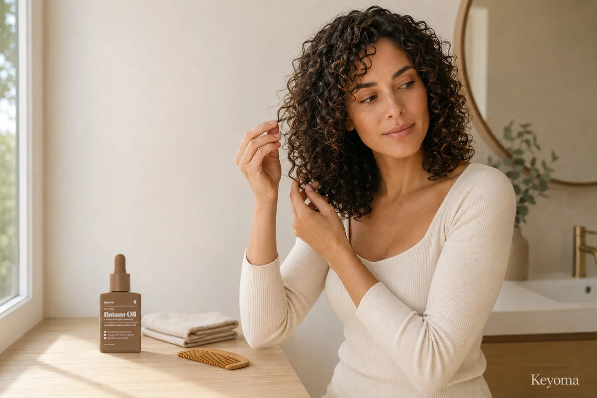Woman applying a small amount of Keyoma Batana Oil to her fine curly hair.