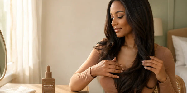 Woman applying Keyoma Batana Oil to the lengths and ends of human hair extensions.
