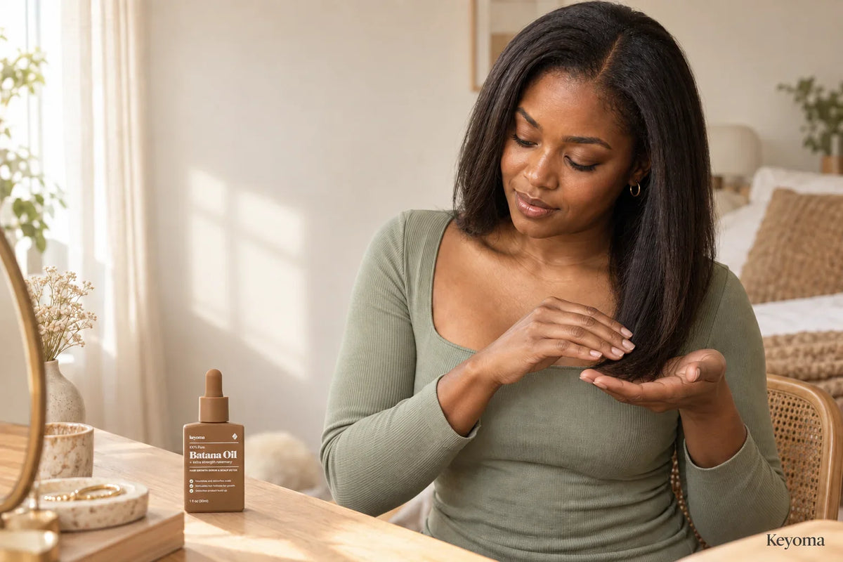 Woman coating her palms with Keyoma Batana Oil before applying it to relaxed hair.