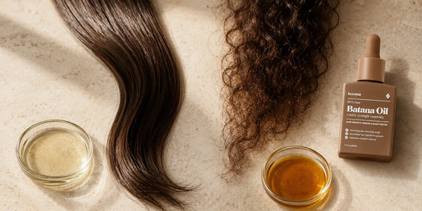 Keyoma Batana Oil bottle beside batana and camellia oil dishes with smooth and curly hair samples.