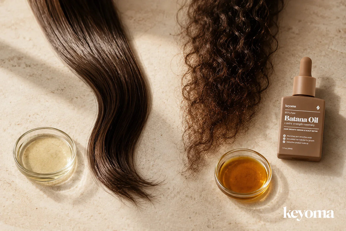 Keyoma Batana Oil bottle beside batana and camellia oil dishes with smooth and curly hair samples.